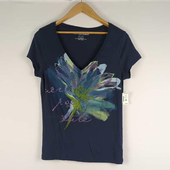 Vintage Y2K Aéropostale Graphic Tee – Deadstock NWT – XL Navy Blue Floral Print - Picture 1 of 7